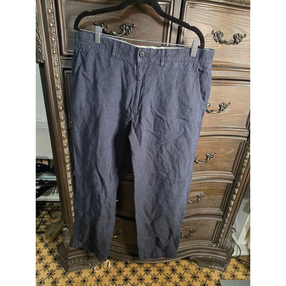 J.Crew Mens 100% Linen Navy Blue Straight Leg Trousers Pants 36x32